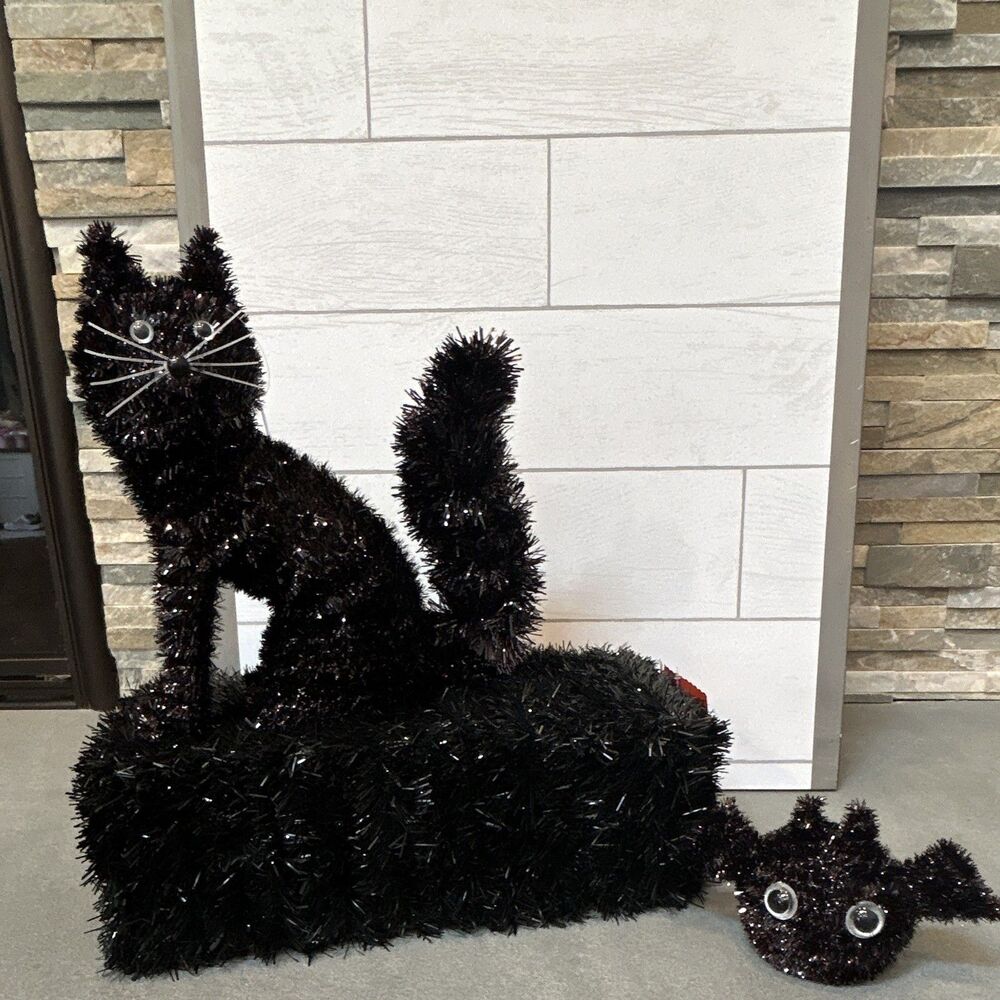 Ashland Halloween Black Tinsel Sitting Cat & Bat Decor w/ Faux Straw Bale